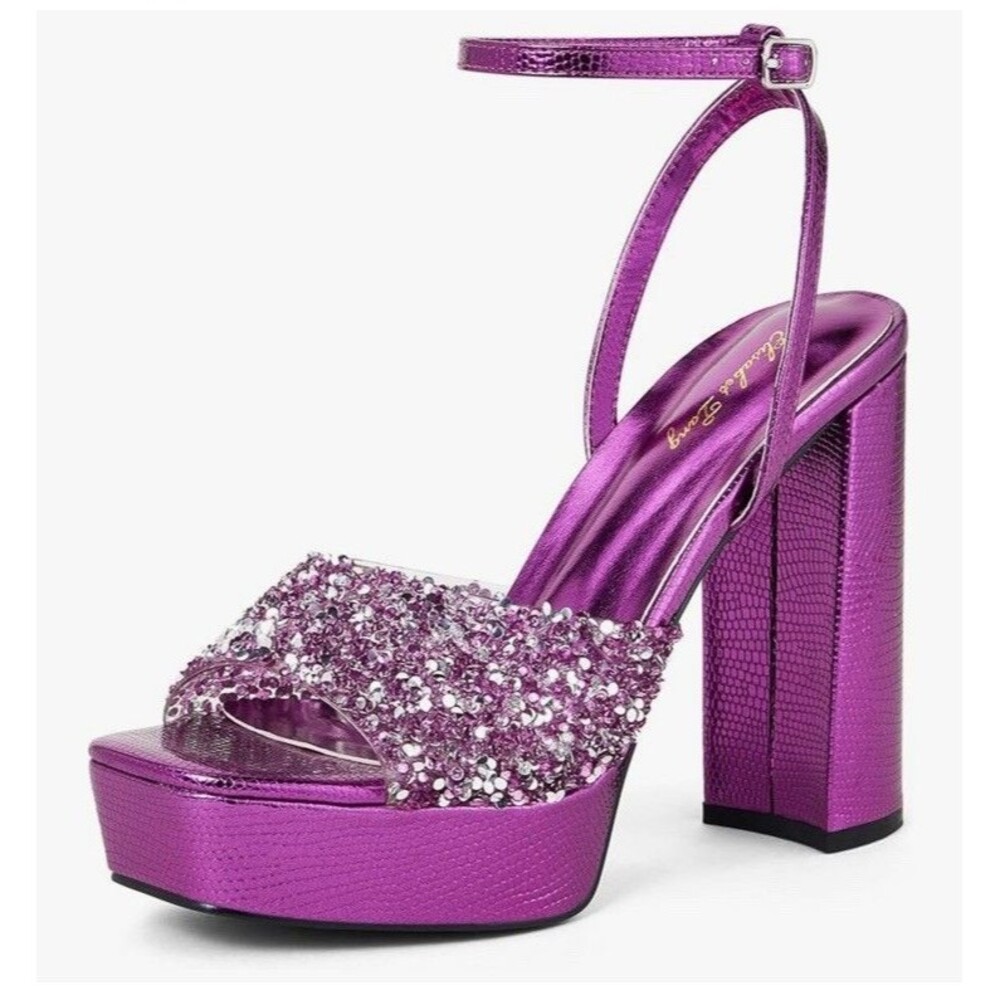 Elisabet Tang Purple Platform Heels Sz 7 Rhinestone Block 5” Heel 1.5” Platform